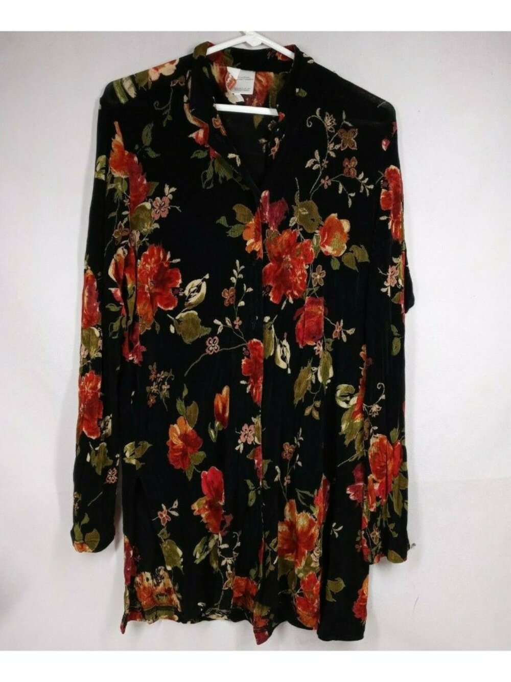 Norm Thompson Women's Sheer Black Blouse With Floral Designs Size Medium